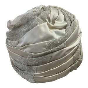 Vintage White Satin & Silver Lame Turban Hat – Structured Evening or Costume Hea